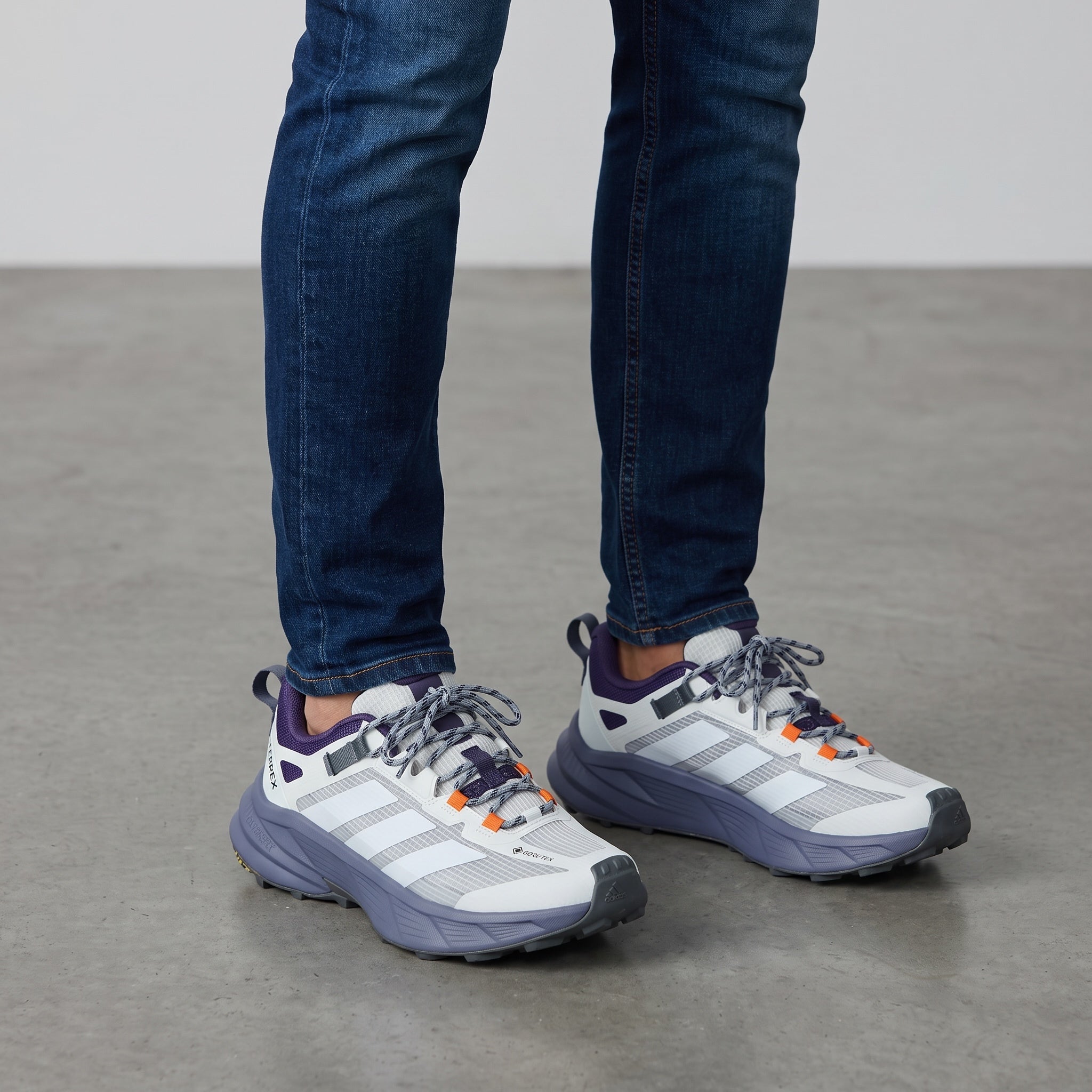 Adidas Terrex white and purple trail sneakers with Gore-Tex and lugged sole