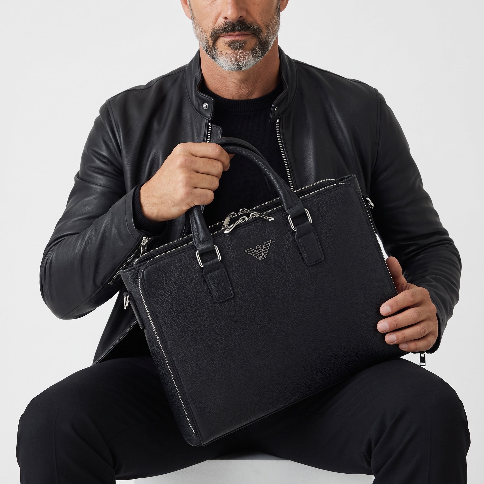 Emporio Armani black pebbled briefcase with metal logo and zippers