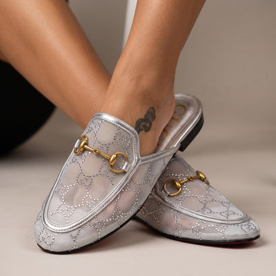 silver Gucci mesh horsebit mule with gold horsebit and red sole