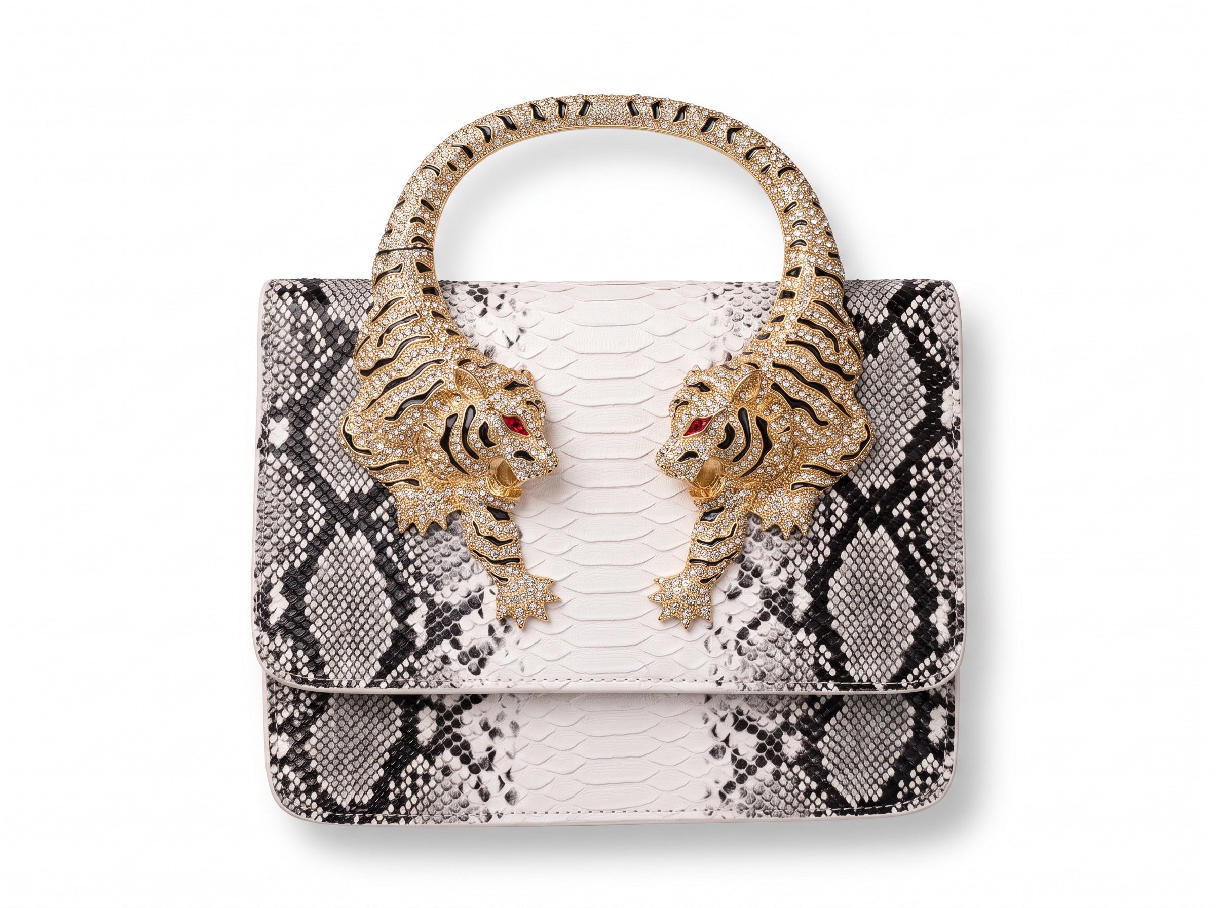 Black and white python-print top-handle bag with gold crystal tiger-head handle