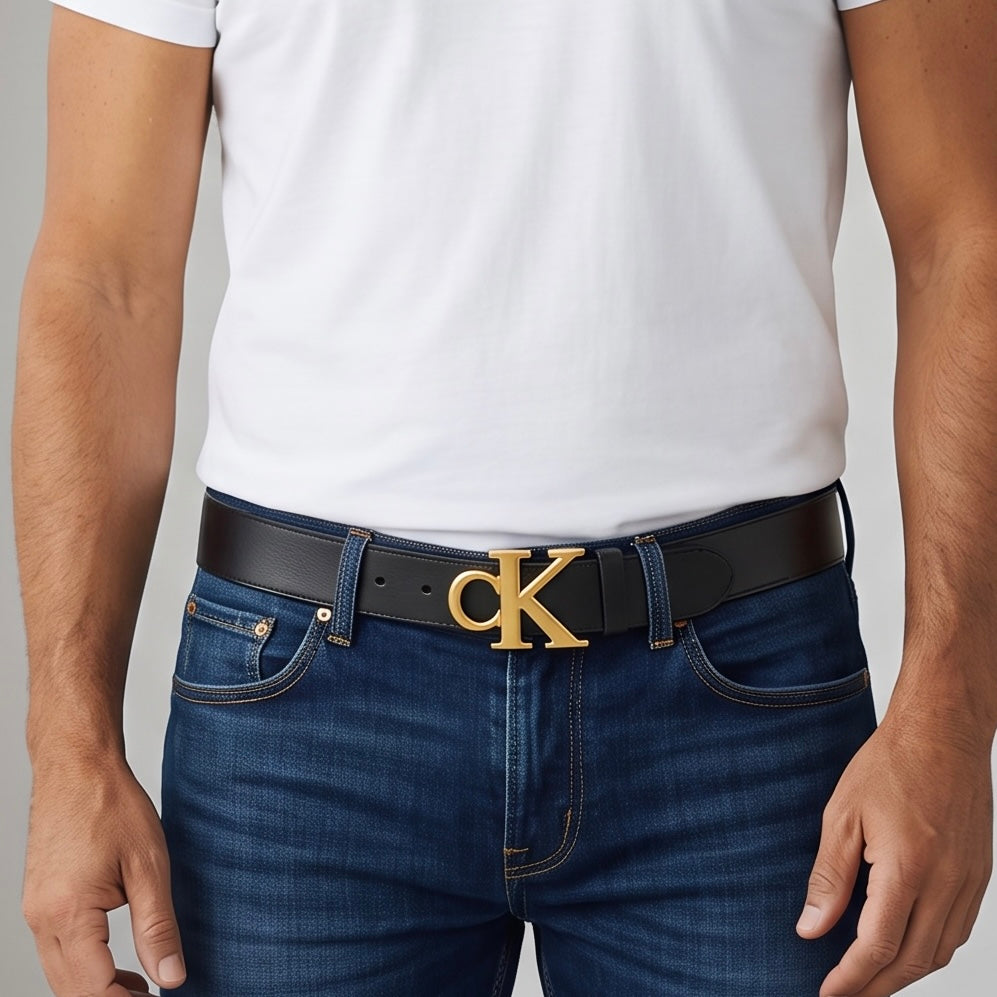 Black Calvin Klein belt with gold CK buckle worn with jeans