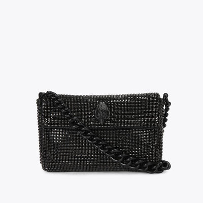 black crystal-embellished shoulder bag with chunky chain and bird-head clasp