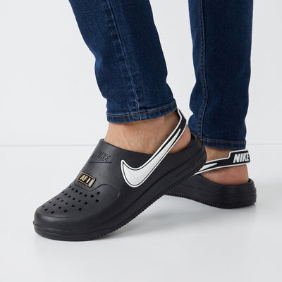 Black Nike AF1-style clog with white Swoosh and back sling strap