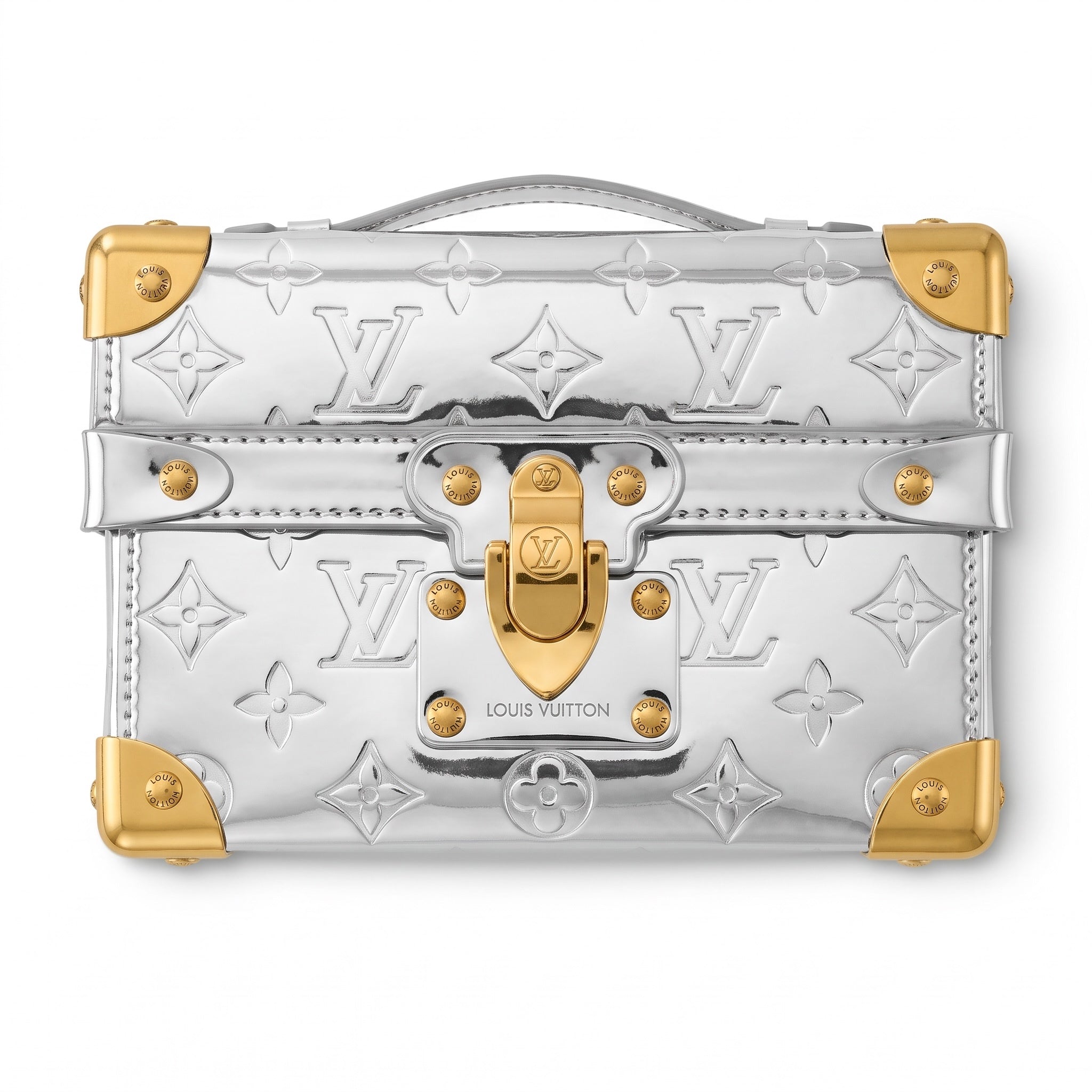 Louis Vuitton small trunk-style top-handle bag in metallic silver with gold hardware and embossed monogram