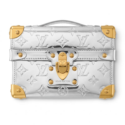 Louis Vuitton small trunk-style top-handle bag in metallic silver with gold hardware and embossed monogram