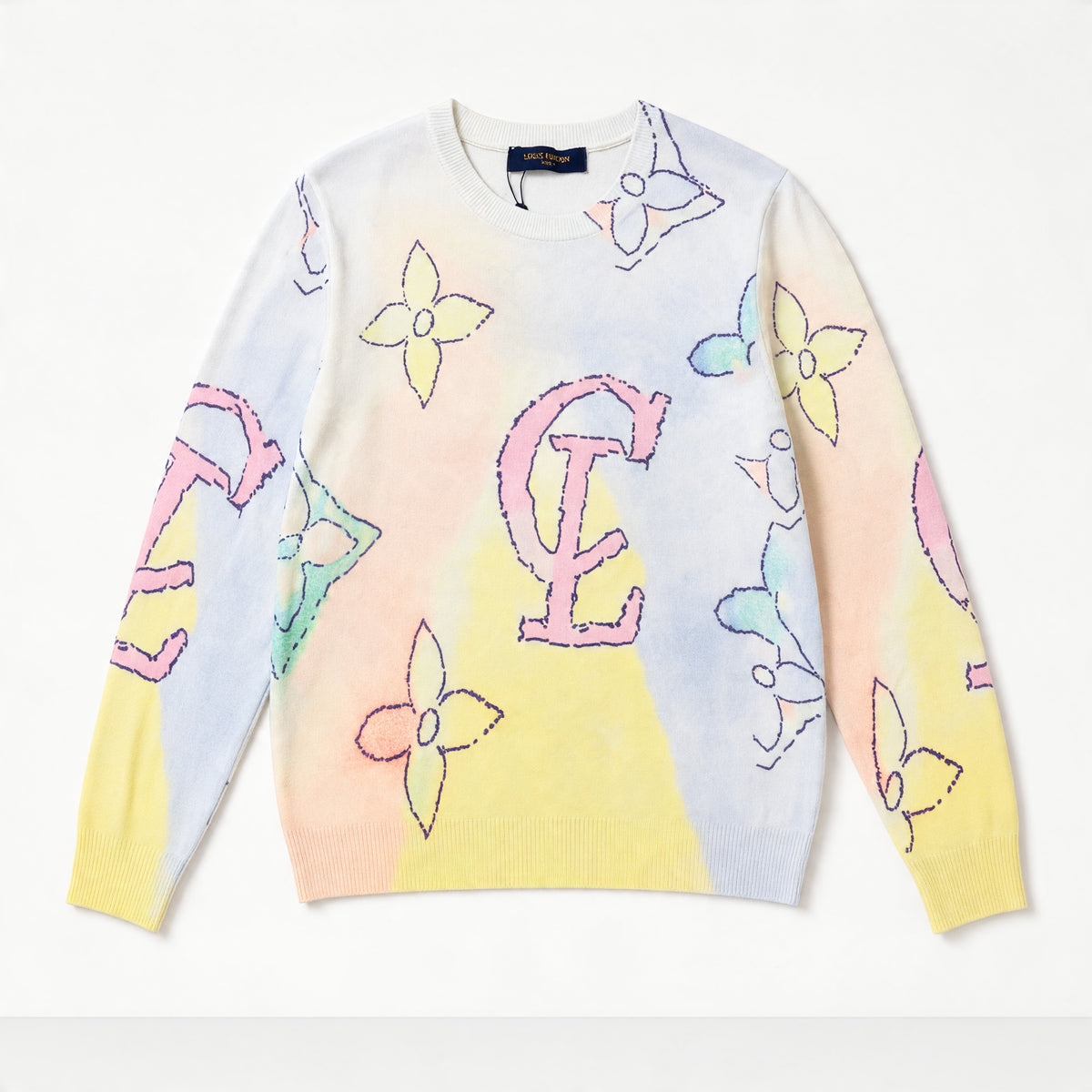 Pastel multicolor crewneck sweater with oversized monogram and floral motifs