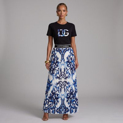 🖤💙 Dolce & Gabbana Majolica T-Shirt & Pleated Maxi Skirt Set |
