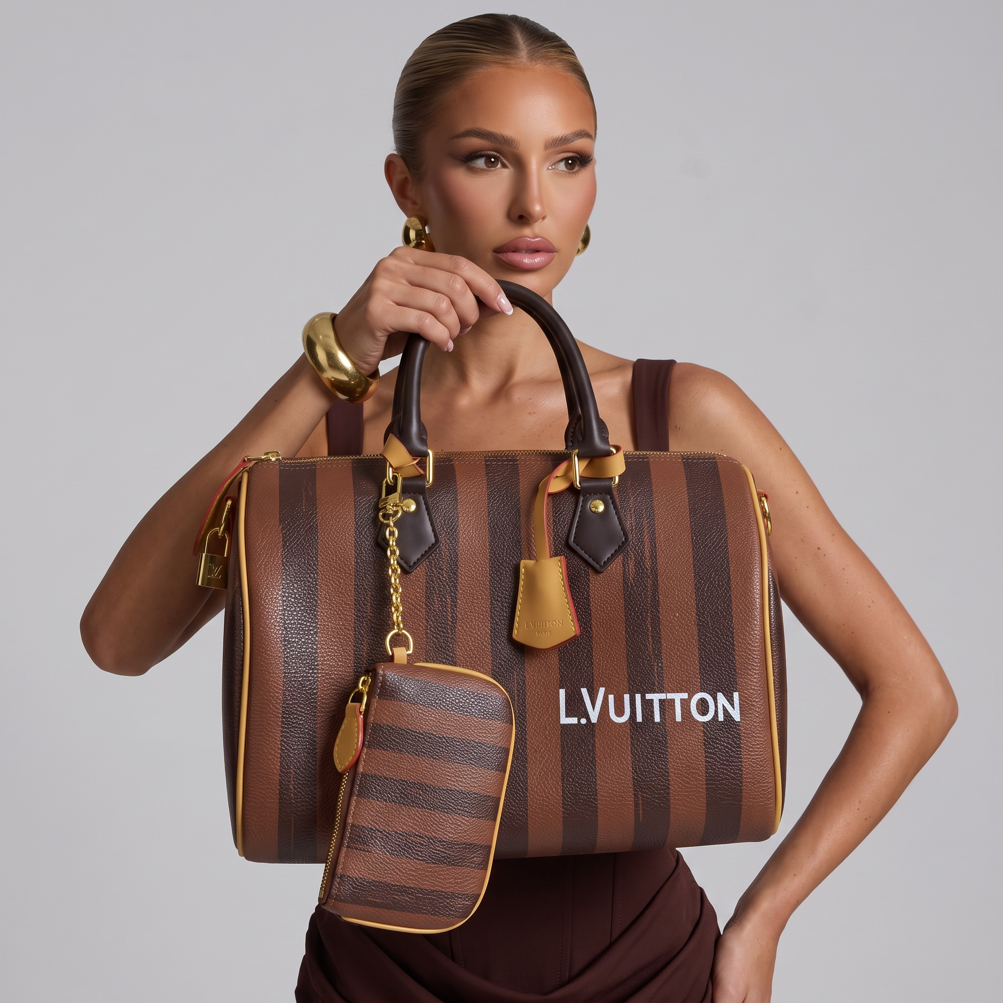 Louis Vuitton Brown Striped Speedy Handbag with Matching Pouch