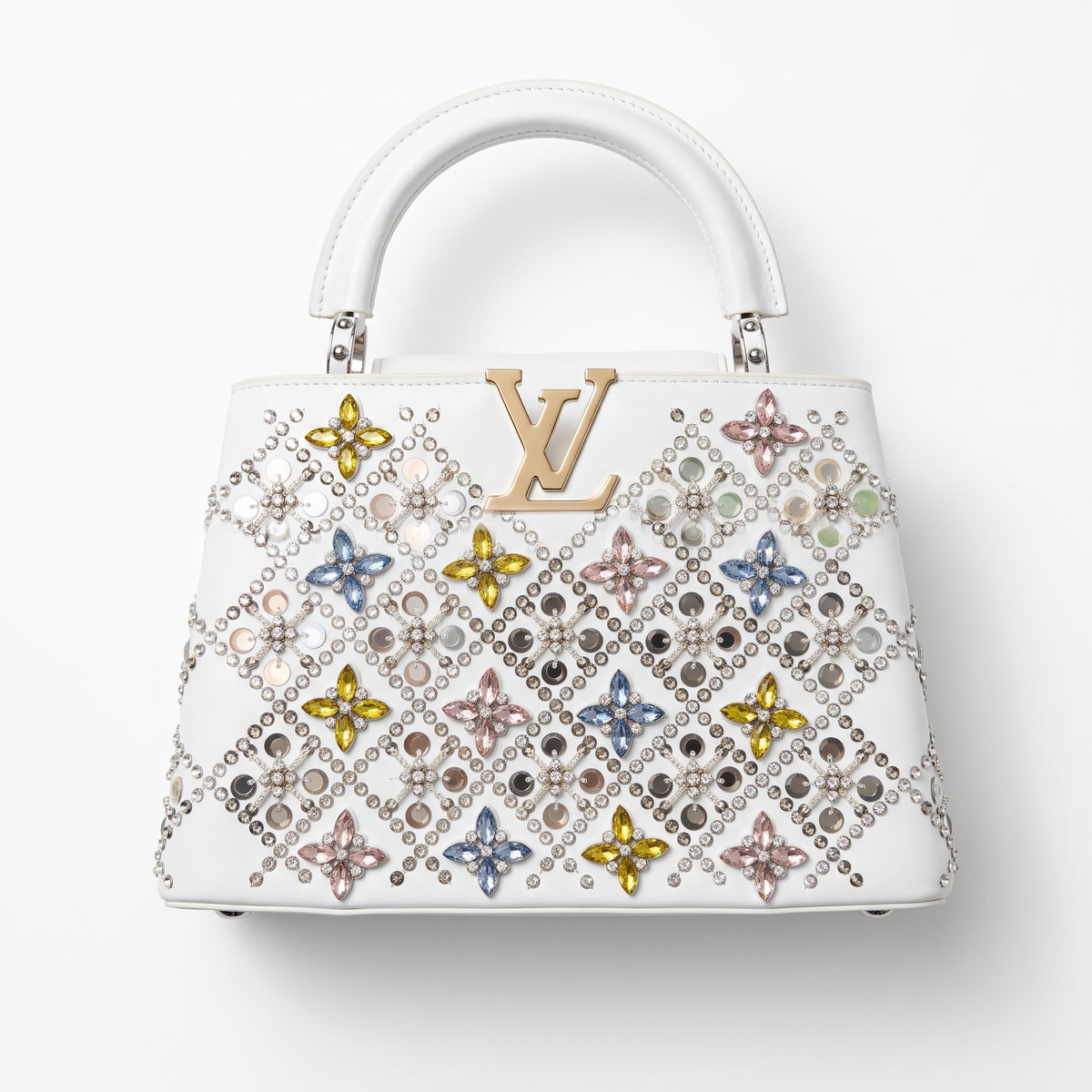 White Louis Vuitton Capucines top-handle bag with multicolour crystal floral embellishments and gold LV hardware
