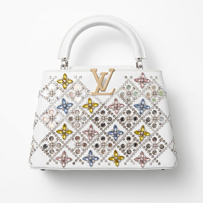 White Louis Vuitton Capucines top-handle bag with multicolour crystal floral embellishments and gold LV hardware