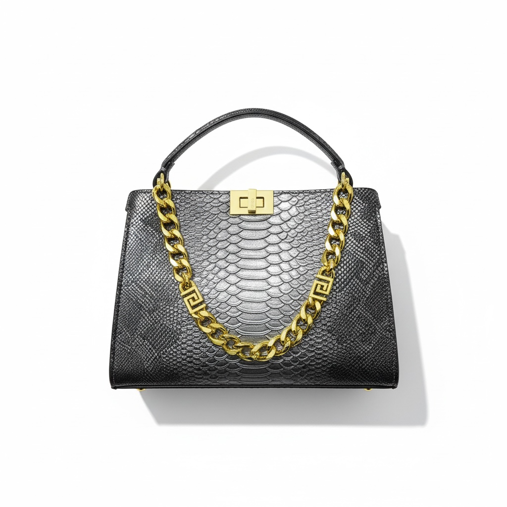 Fendi Snake-Embossed Black Handbag 🖤✨ | Luxury Chain Statement Bag