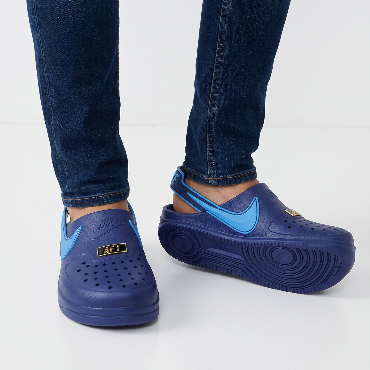 Nike blue AF1 clog slip-on with heel strap and perforated toe