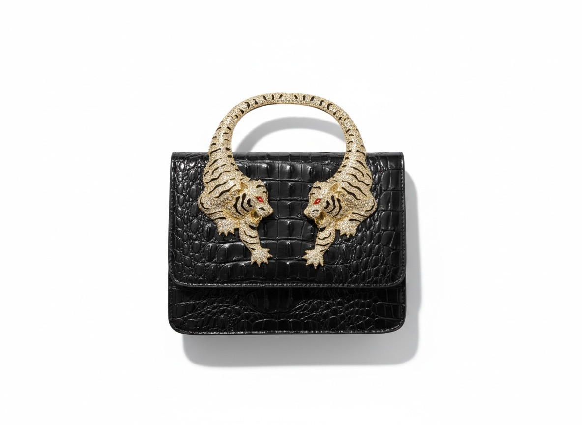 👜 Roberto Cavalli Black Crocodile-Effect Top Handle Bag with Tiger Head Handle