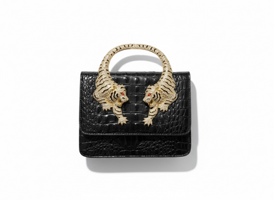 👜 Roberto Cavalli Black Crocodile-Effect Top Handle Bag with Tiger Head Handle