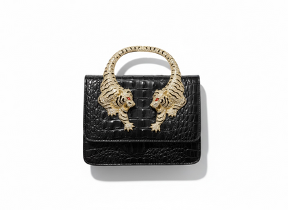 👜 Roberto Cavalli Black Crocodile-Effect Top Handle Bag with Tiger Head Handle