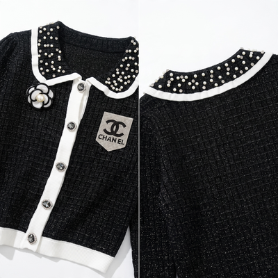 Chanel Cardigan – Black Pearl-Trim Floral
