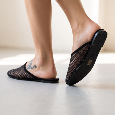 ✨ Alaïa Crystal Mesh Mule Flats – Black