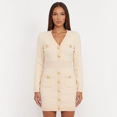 Cream Balmain cardigan-style mini dress with gold buttons and ribbed waist