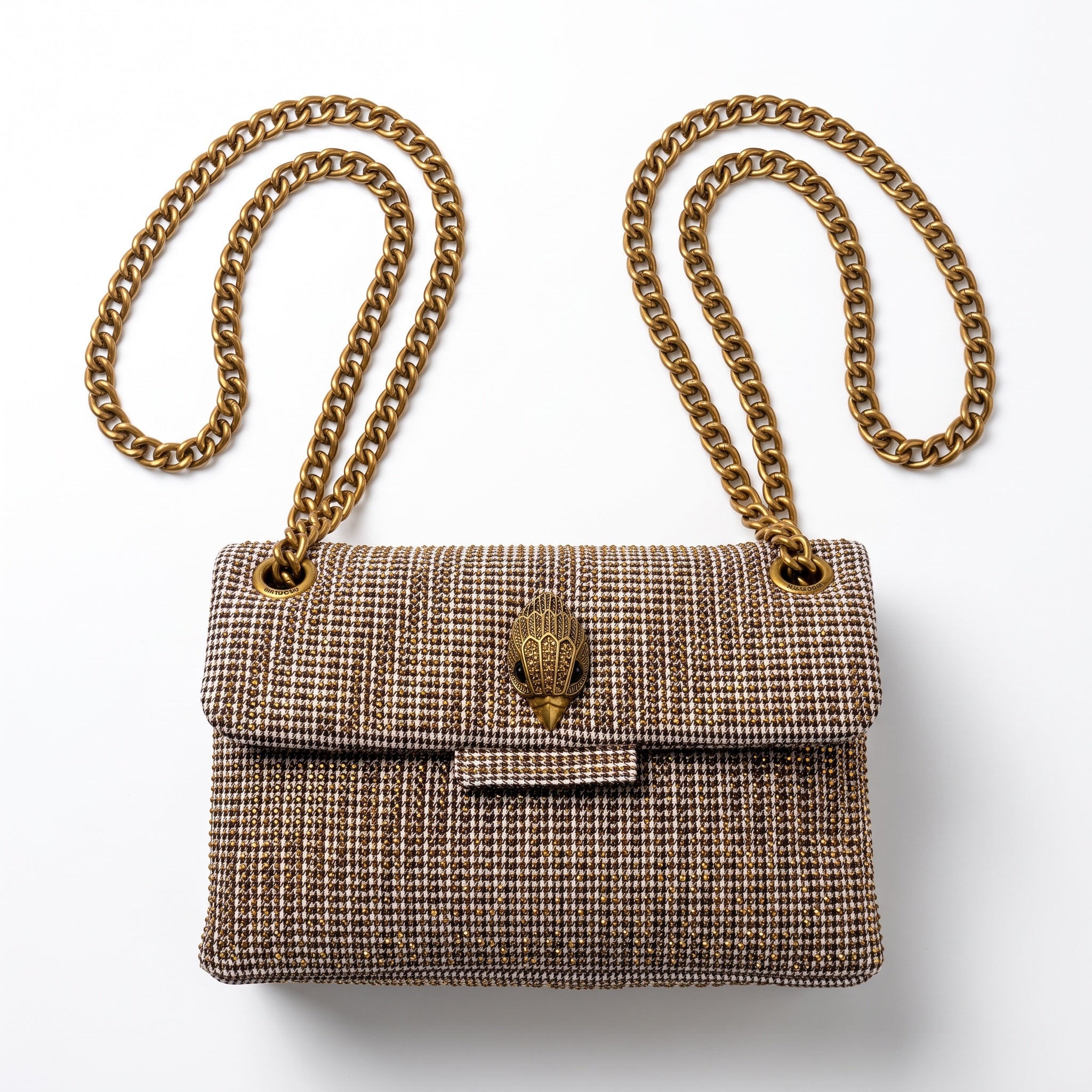 Kurt Geiger brown tweed shoulder bag with antique gold chain and snake head clasp