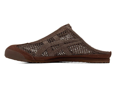 Onitsuka Tiger brown open-knit slip-on mule shoe shown from multiple angles