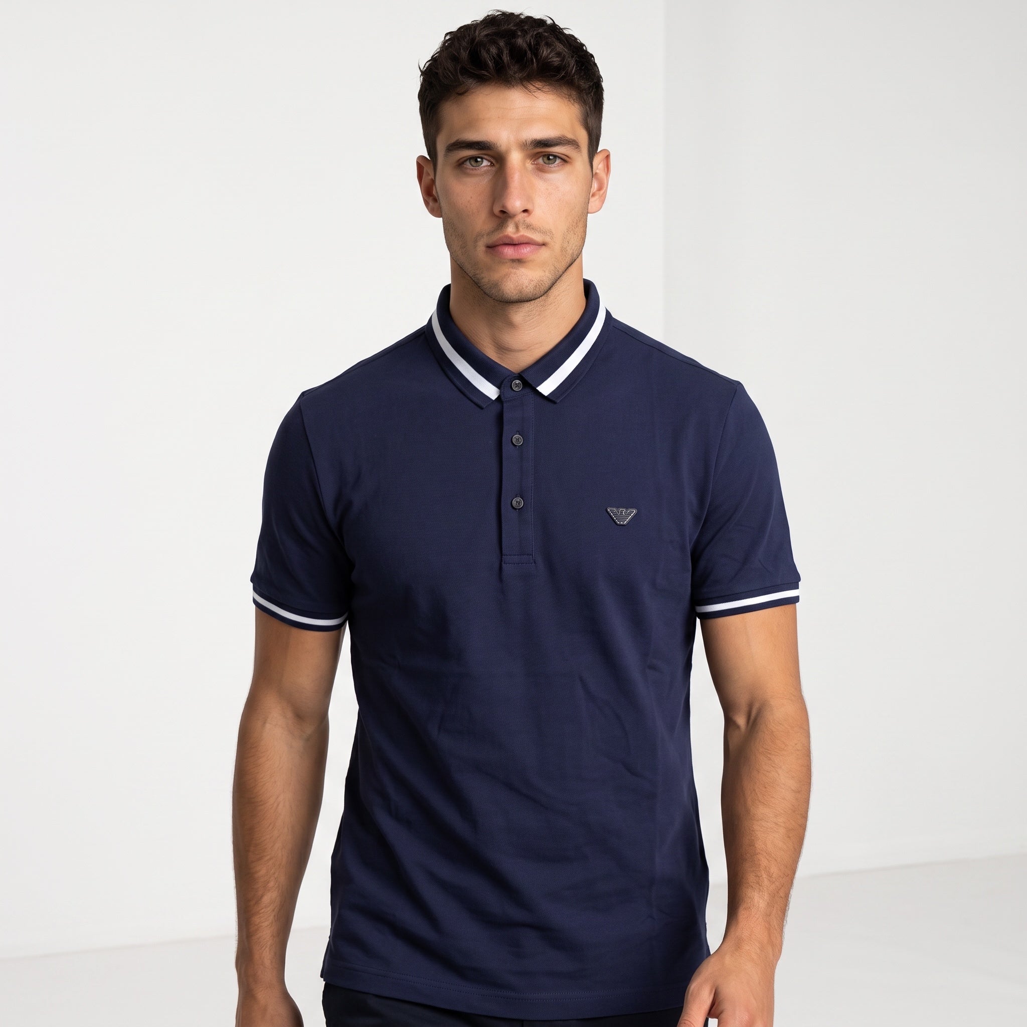 Men's navy Emporio Armani short-sleeve polo with white striped collar and cuffs