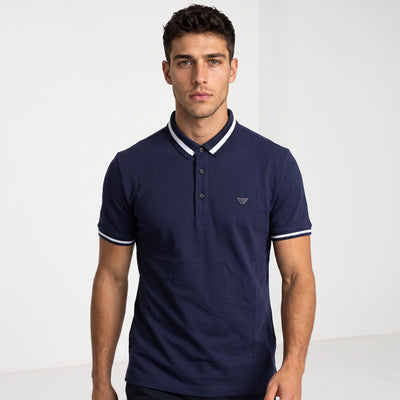 Men's navy Emporio Armani short-sleeve polo with white striped collar and cuffs