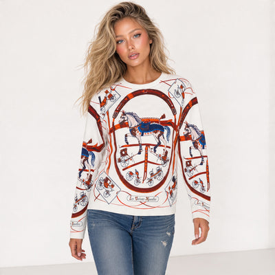 Hermès ecru crewneck sweater with red and navy carousel horse and carriage print