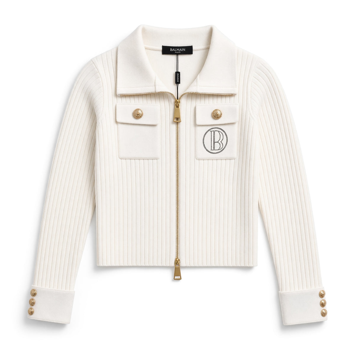 Cream ribbed Balmain zip jacket with gold buttons and embroidered B logo