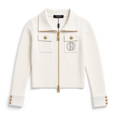 Cream ribbed Balmain zip jacket with gold buttons and embroidered B logo