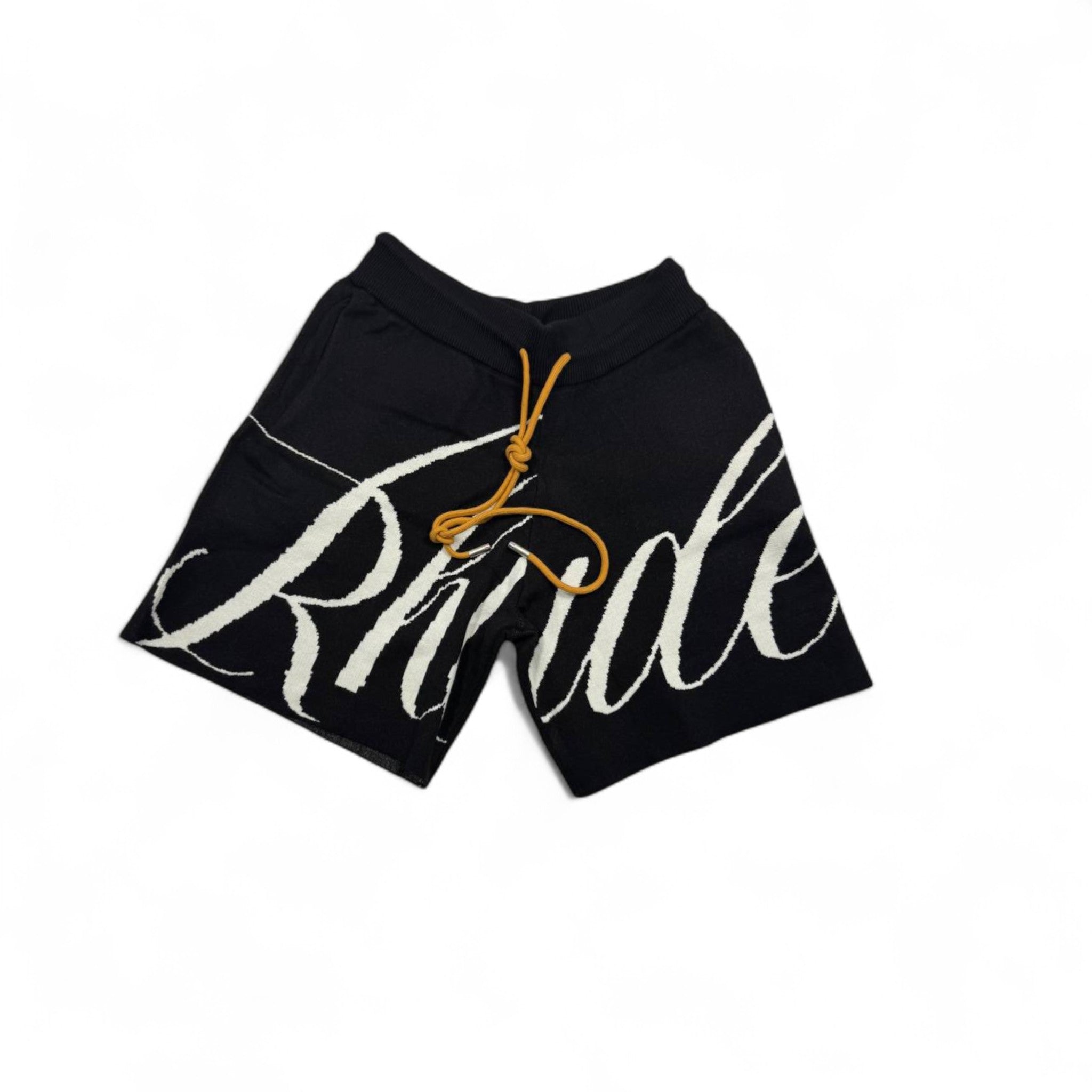 Rhude Black Logo Shorts – Bold Streetwear Style with Yellow Drawstring