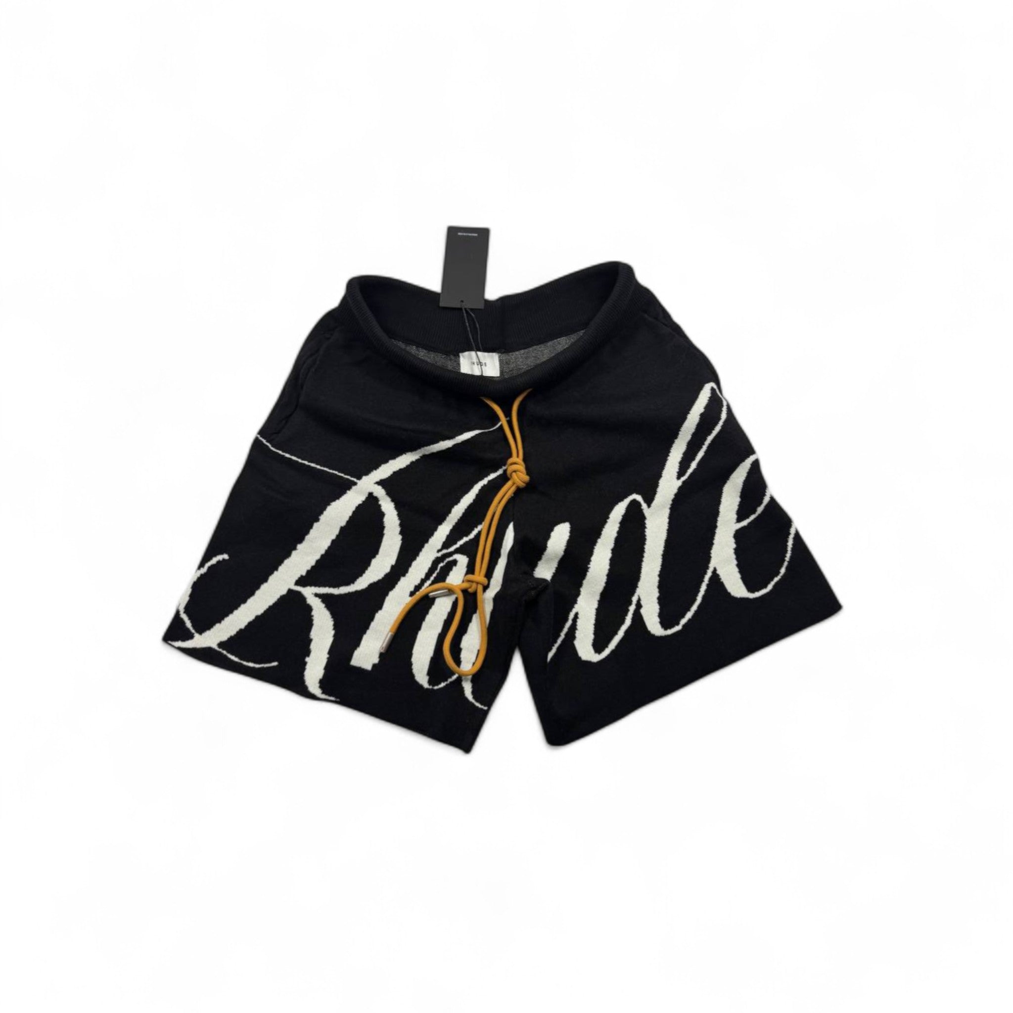 Rhude Black Logo Shorts – Bold Streetwear Style with Yellow Drawstring