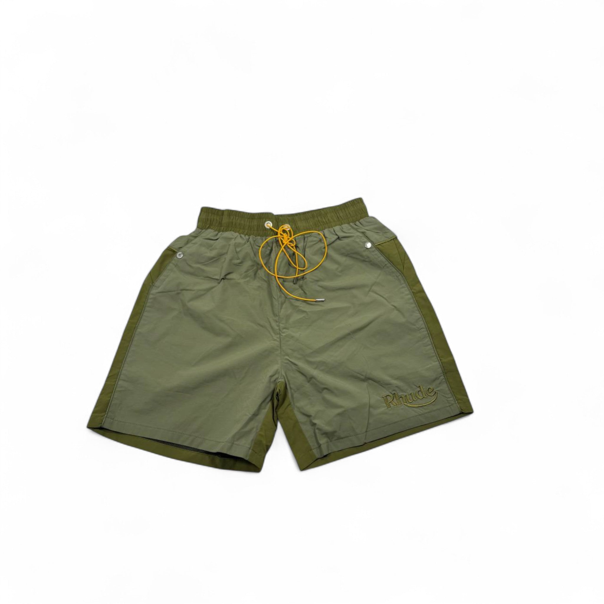 Rhude Olive Green Panel Swim Shorts – Urban Jungle Vibes 🌿💛