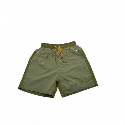 Rhude Olive Green Panel Swim Shorts – Urban Jungle Vibes 🌿💛