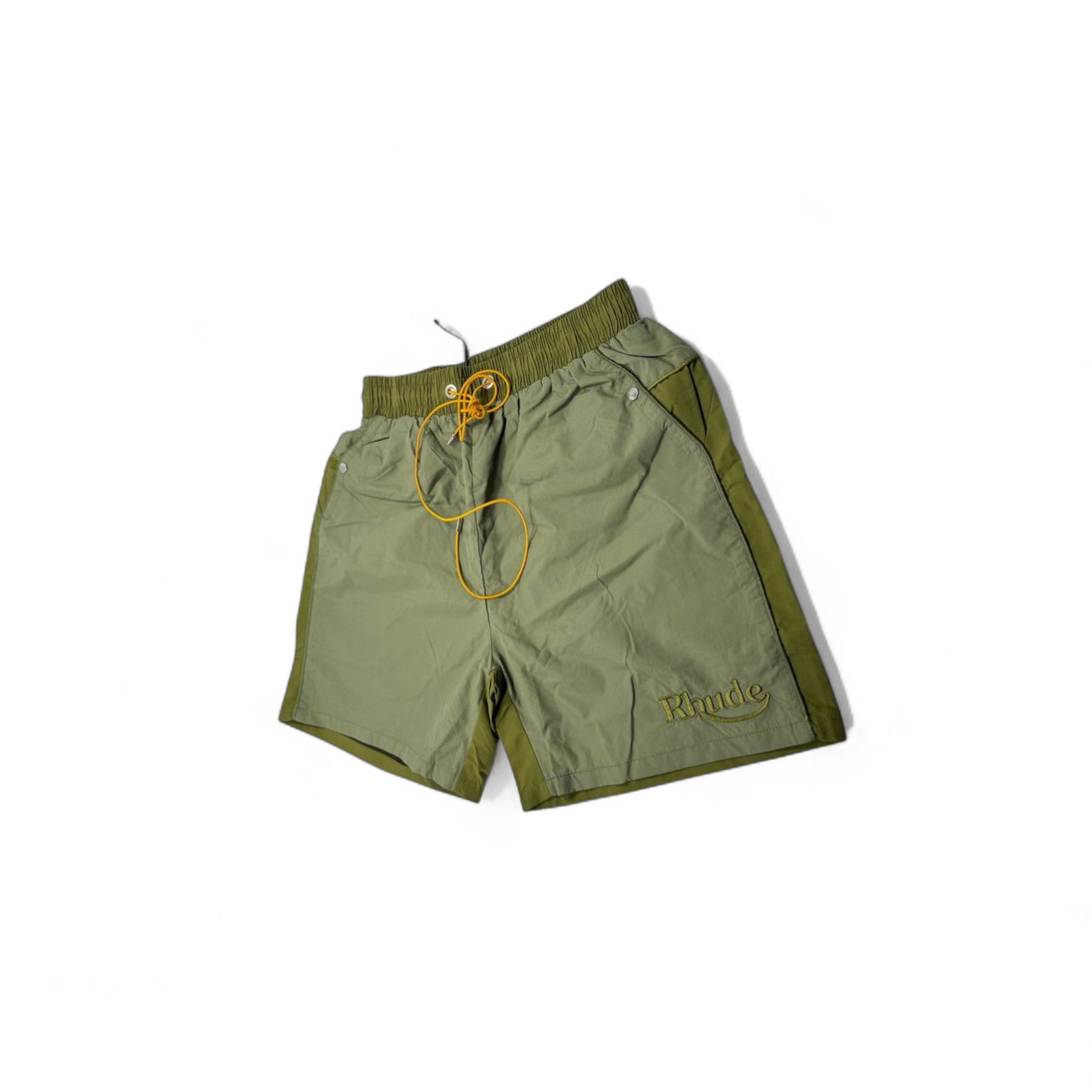 Rhude Olive Green Panel Swim Shorts – Urban Jungle Vibes 🌿💛