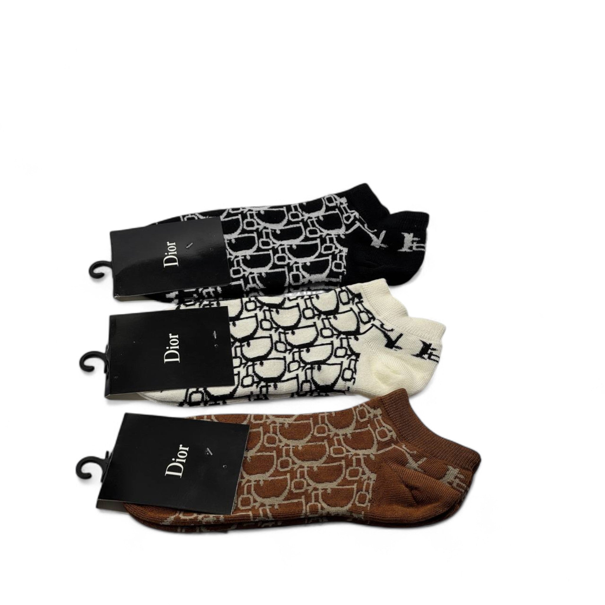 Dior Designer Ankle Socks Set – 3 Colors (Black, White, Brown)