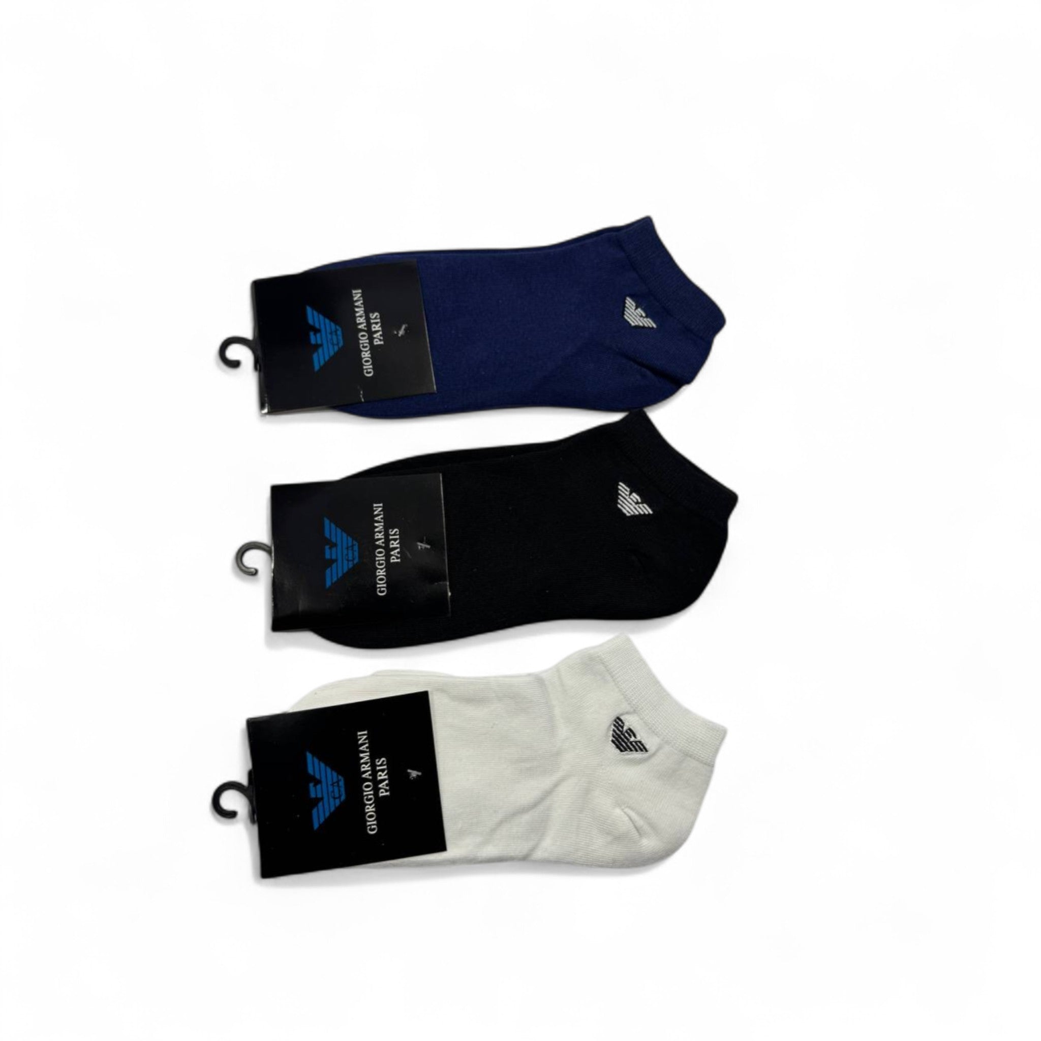 Giorgio Armani Logo Ankle Socks – 3-Pack (Navy, Black, White)