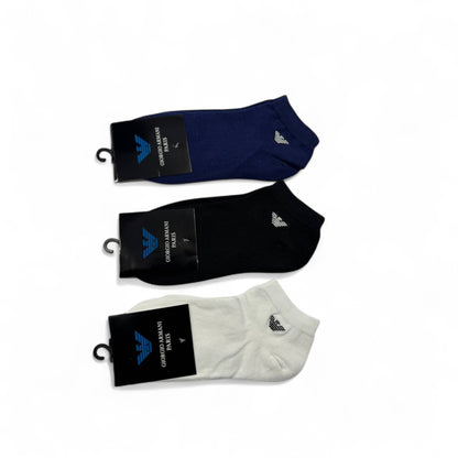 Giorgio Armani Logo Ankle Socks – 3-Pack (Navy, Black, White)