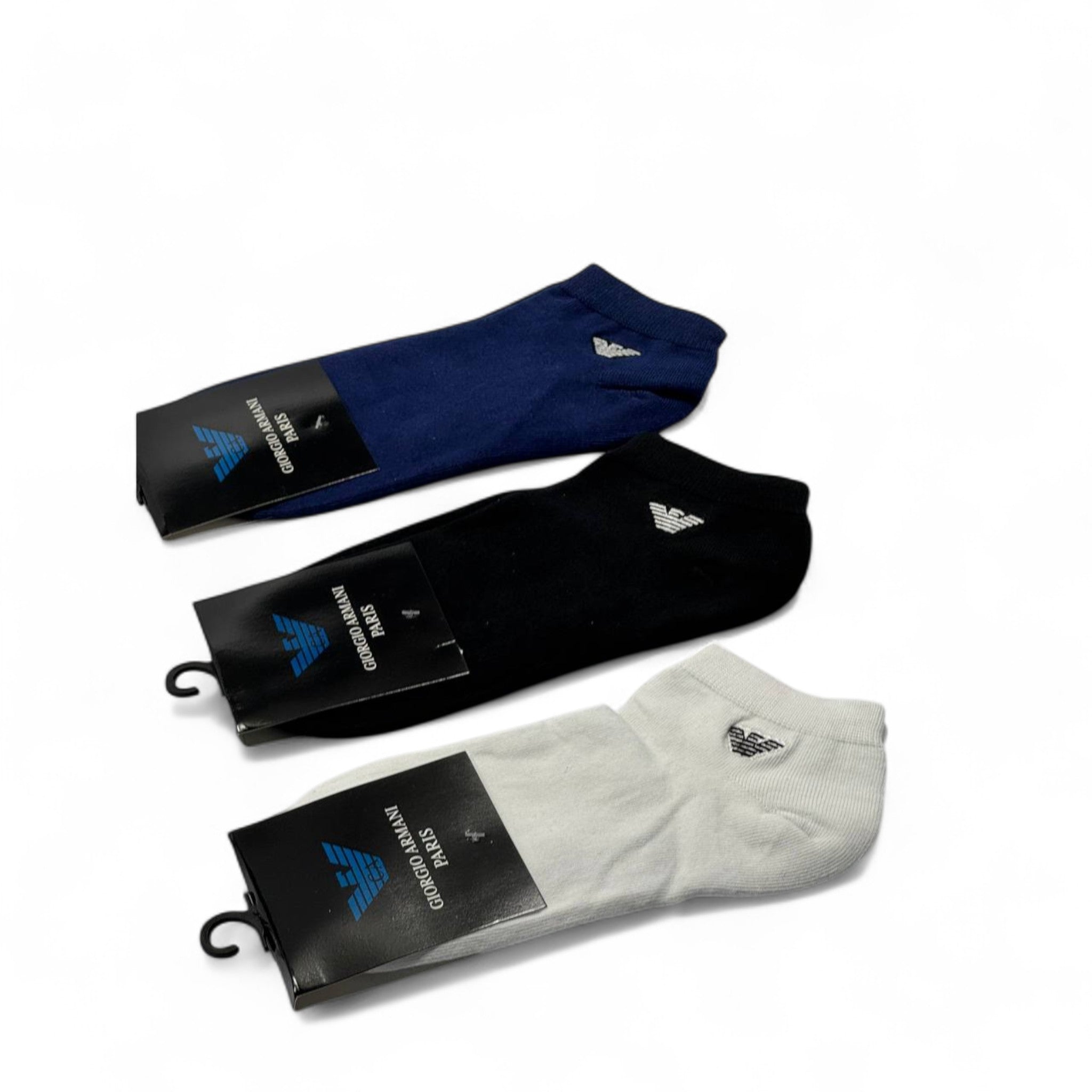 Giorgio Armani Logo Ankle Socks – 3-Pack (Navy, Black, White)