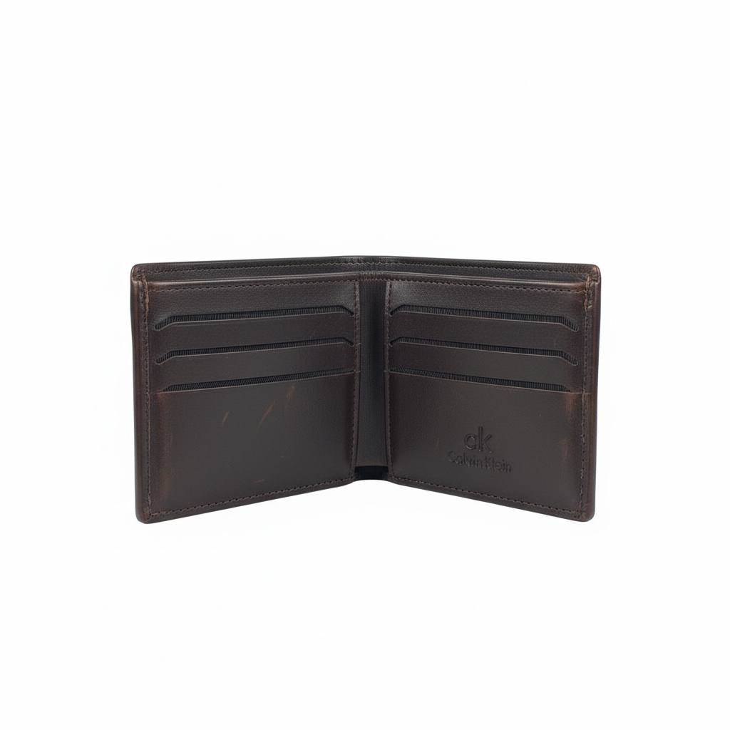 Calvin Klein Textured Embossed Leather Bifold Wallet – Brown 🖤✨