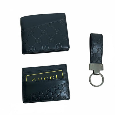 Gucci GG Embossed Leather Wallet, Card Holder & Key Ring Set – Black 🖤✨