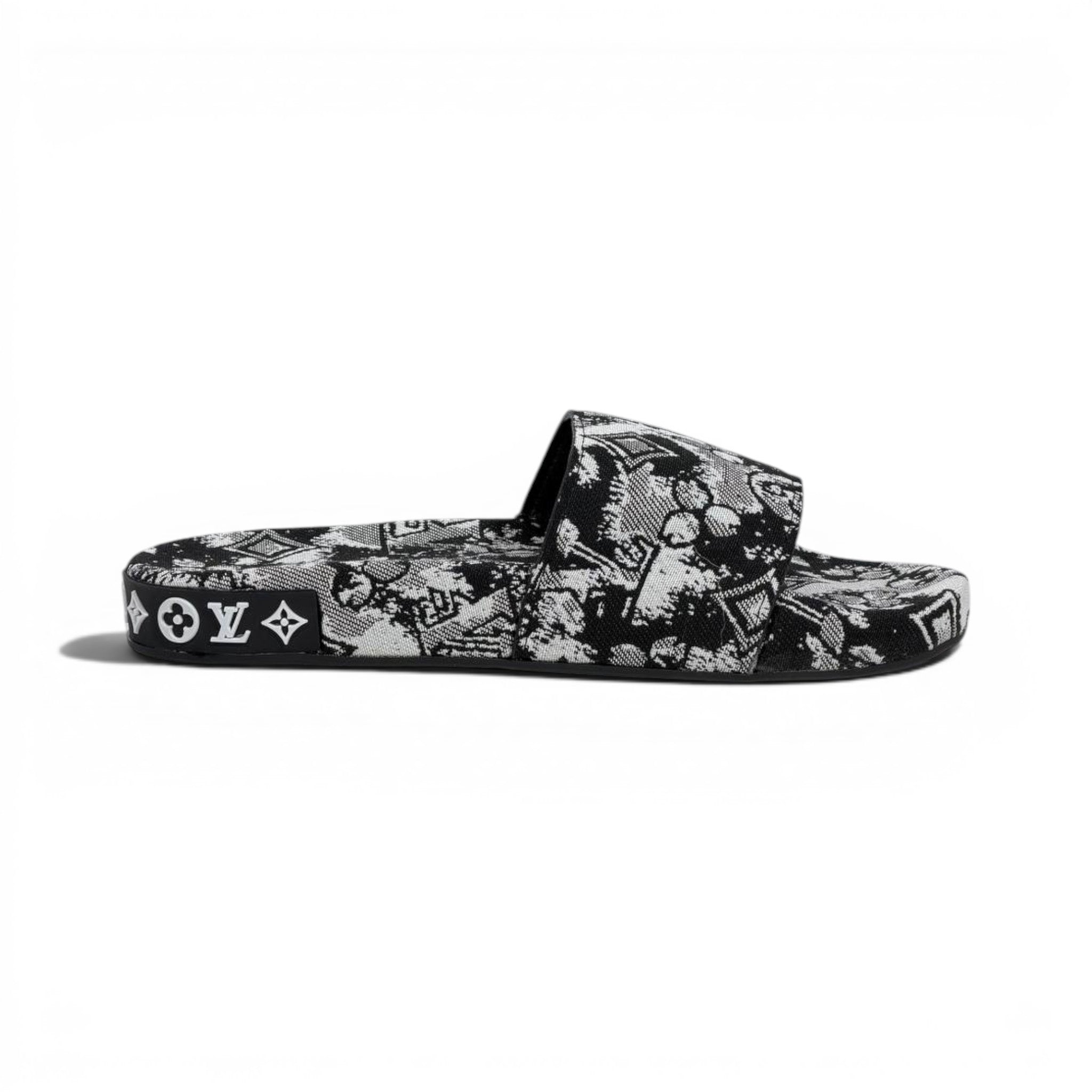 Louis Vuitton Monogram Black & White Slide Sandals – Luxury Designer Summer Slippers 🖤✨