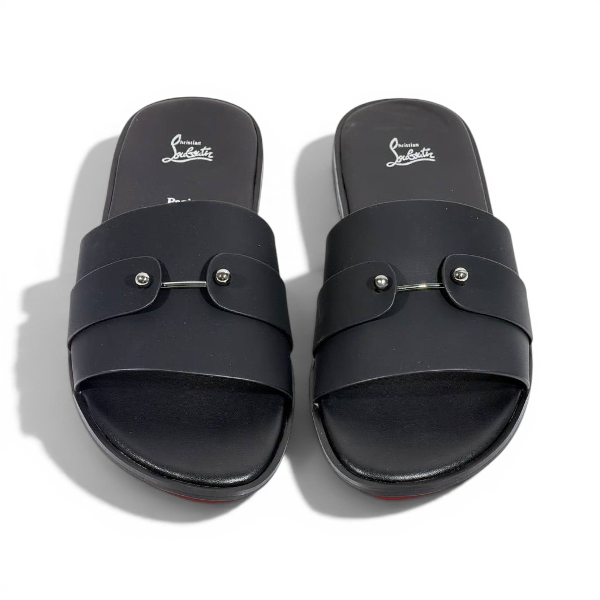Christian Louboutin Inspired Black Leather Slide Sandals – Luxury Designer Summer Slippers ❤️🖤