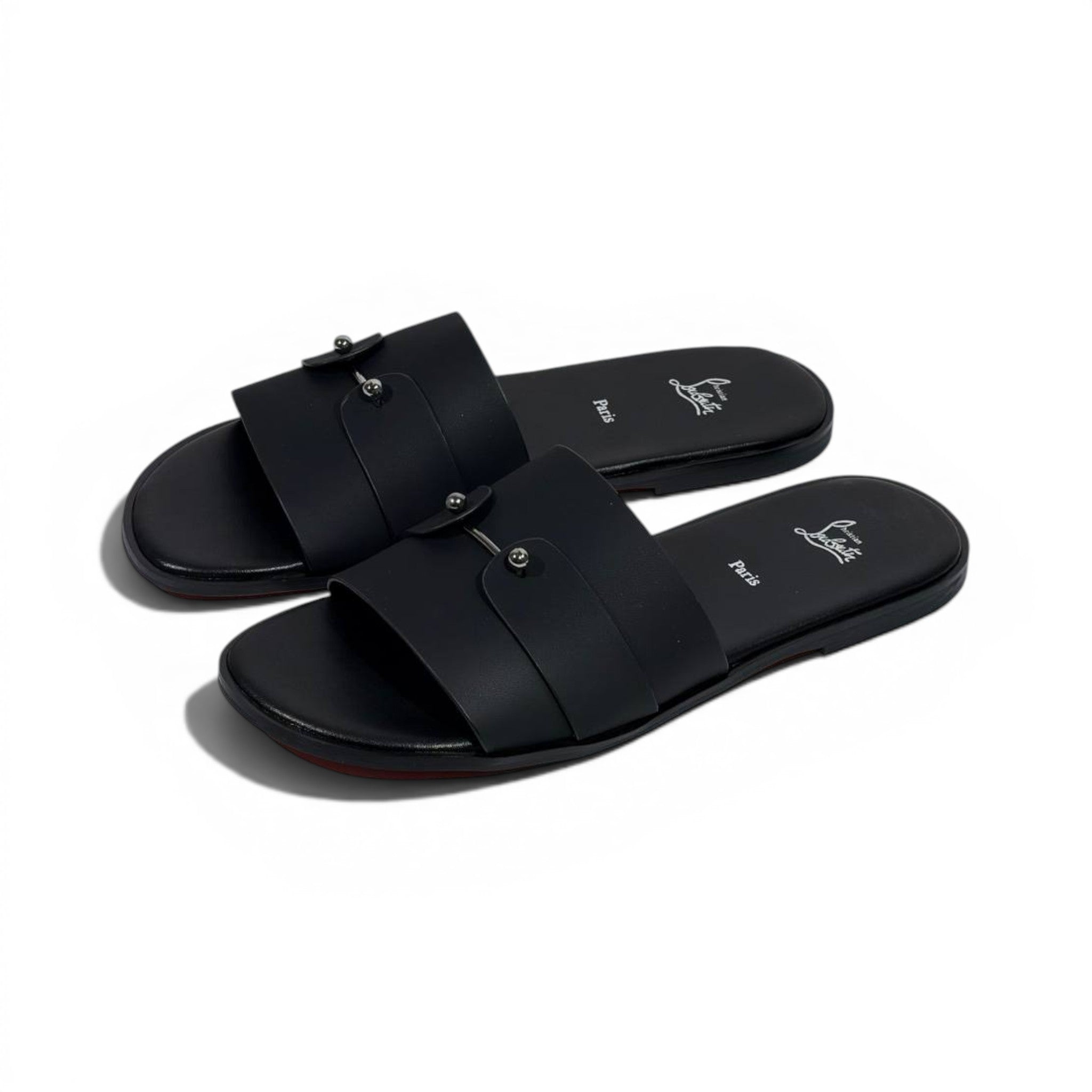 Christian Louboutin Inspired Black Leather Slide Sandals – Luxury Designer Summer Slippers ❤️🖤