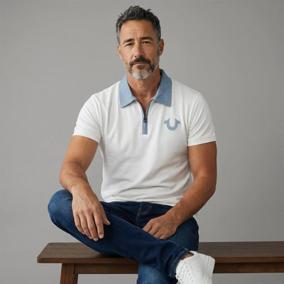 True Religion Zip Polo Shirt – White & Sky Blue Edition 🤍💙