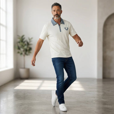 True Religion Zip Polo Shirt – White & Sky Blue Edition 🤍💙