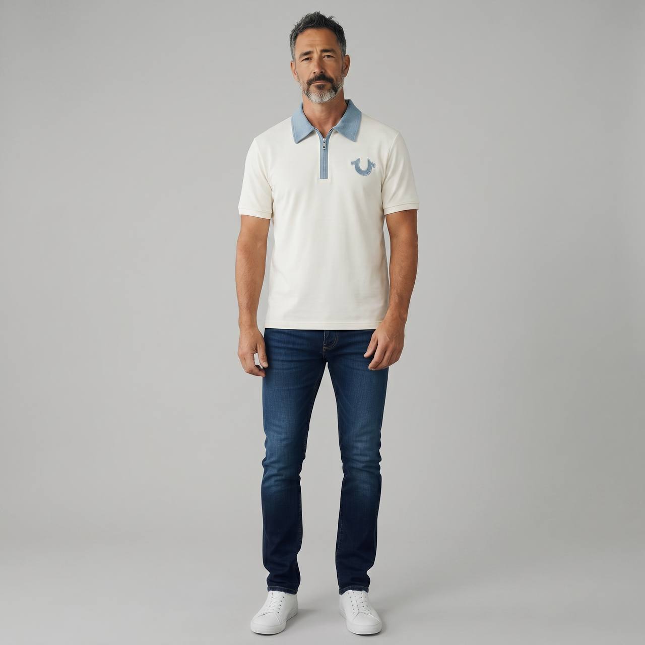 True Religion Zip Polo Shirt – White & Sky Blue Edition 🤍💙