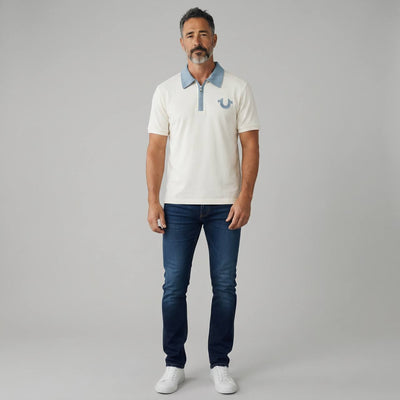 True Religion Zip Polo Shirt – White & Sky Blue Edition 🤍💙