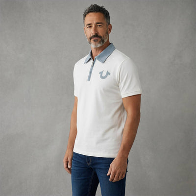 True Religion Zip Polo Shirt – White & Sky Blue Edition 🤍💙