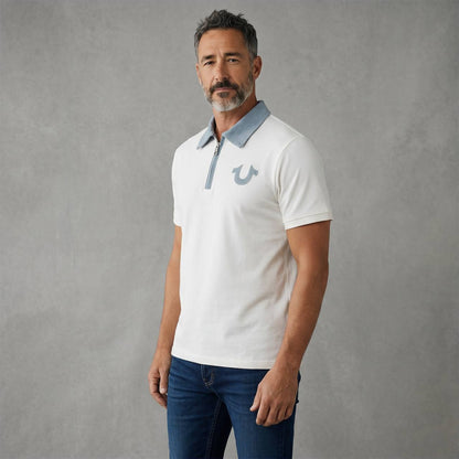 True Religion Zip Polo Shirt – White & Sky Blue Edition 🤍💙