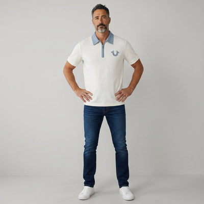 True Religion Zip Polo Shirt – White & Sky Blue Edition 🤍💙